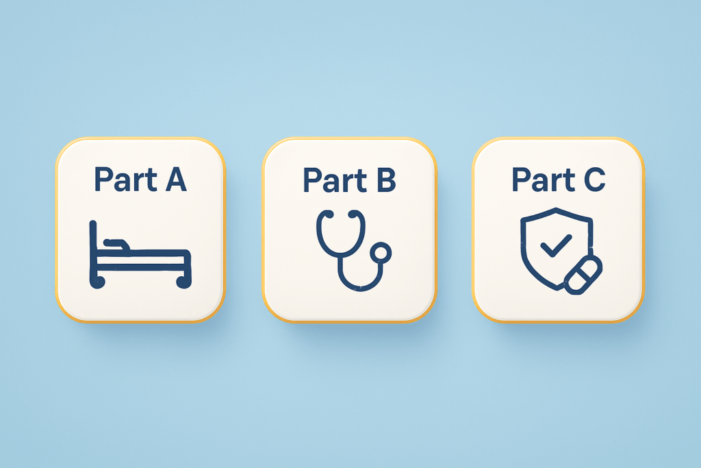 Icons representing Medicare Part A, Part B, and Part C displayed above the title “How Medicare Works” for people approaching age 65.