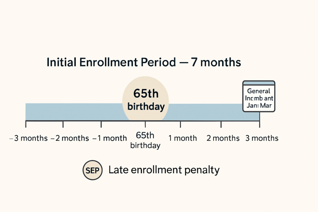 Timeline illustrating Medicare’s seven-month Initial Enrollment Period before, during, and after a person’s 65th birthday.