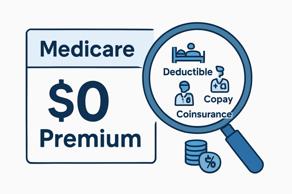 Graphic highlighting that a zero-dollar Medicare premium may still include deductibles, copays, and coinsurance.