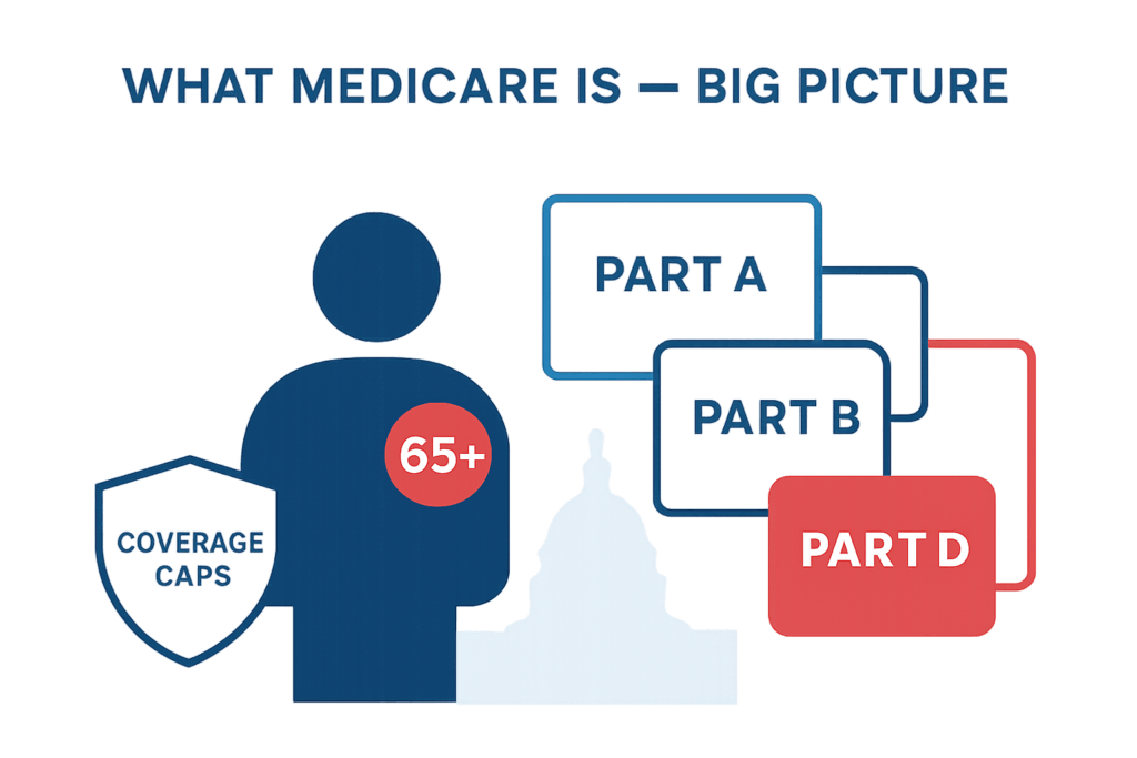 Diagram showing a person age 65 with Medicare Parts A, B, and D connected to Original Medicare, illustrating how coverage components fit together.